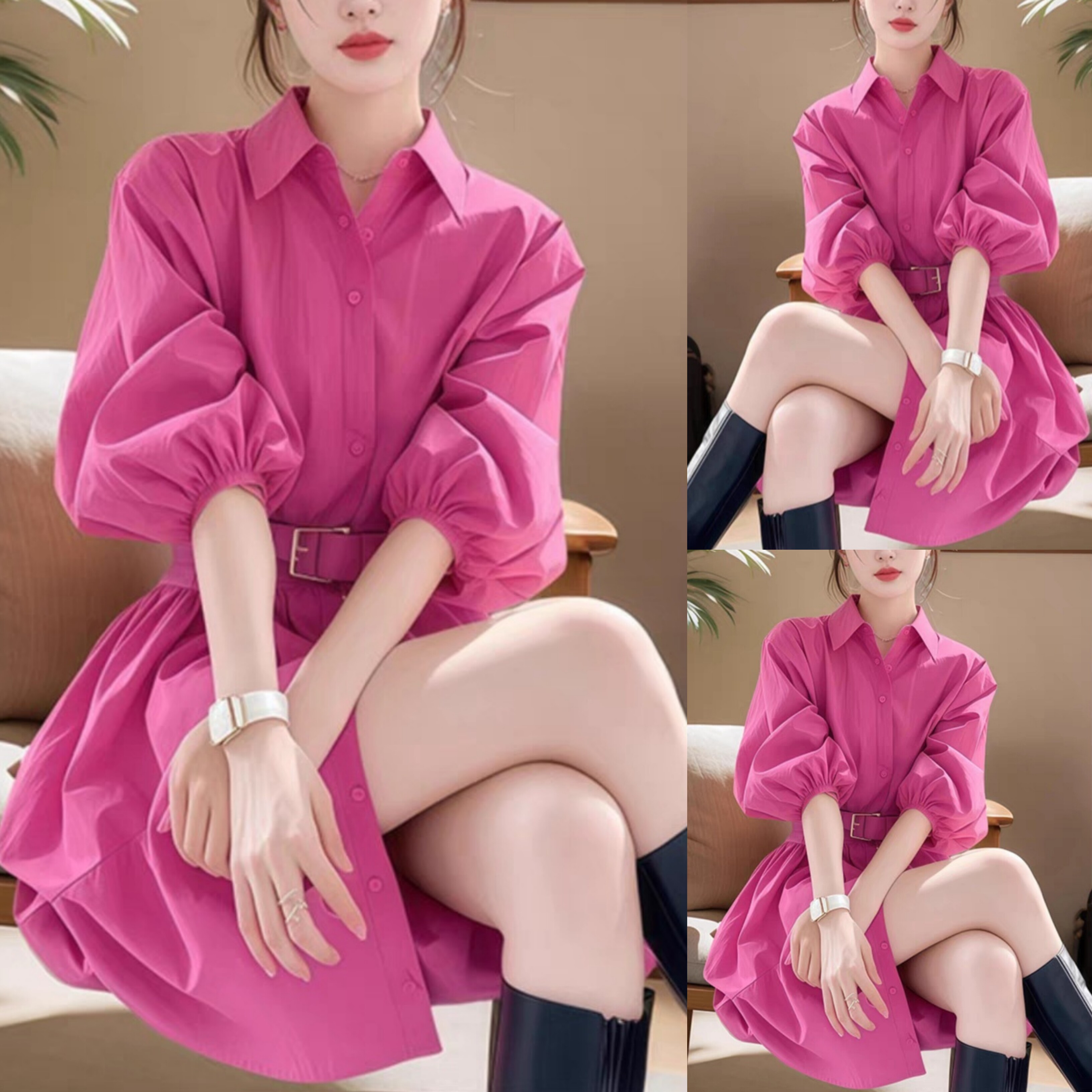 御姐穿搭轻奢高级感小众玫红色翻领连衣裙女2025年春秋气质衬衫裙