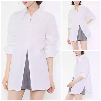 【卓*定单】2026春季新款通勤率性尖领双拉链休闲宽松长袖衬衫女