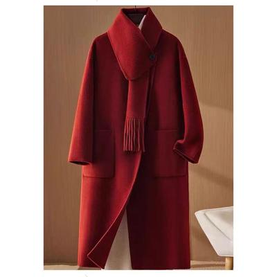 米色双面羊绒大衣女中长款2024冬新款高级围巾款宽松韩版呢子外套