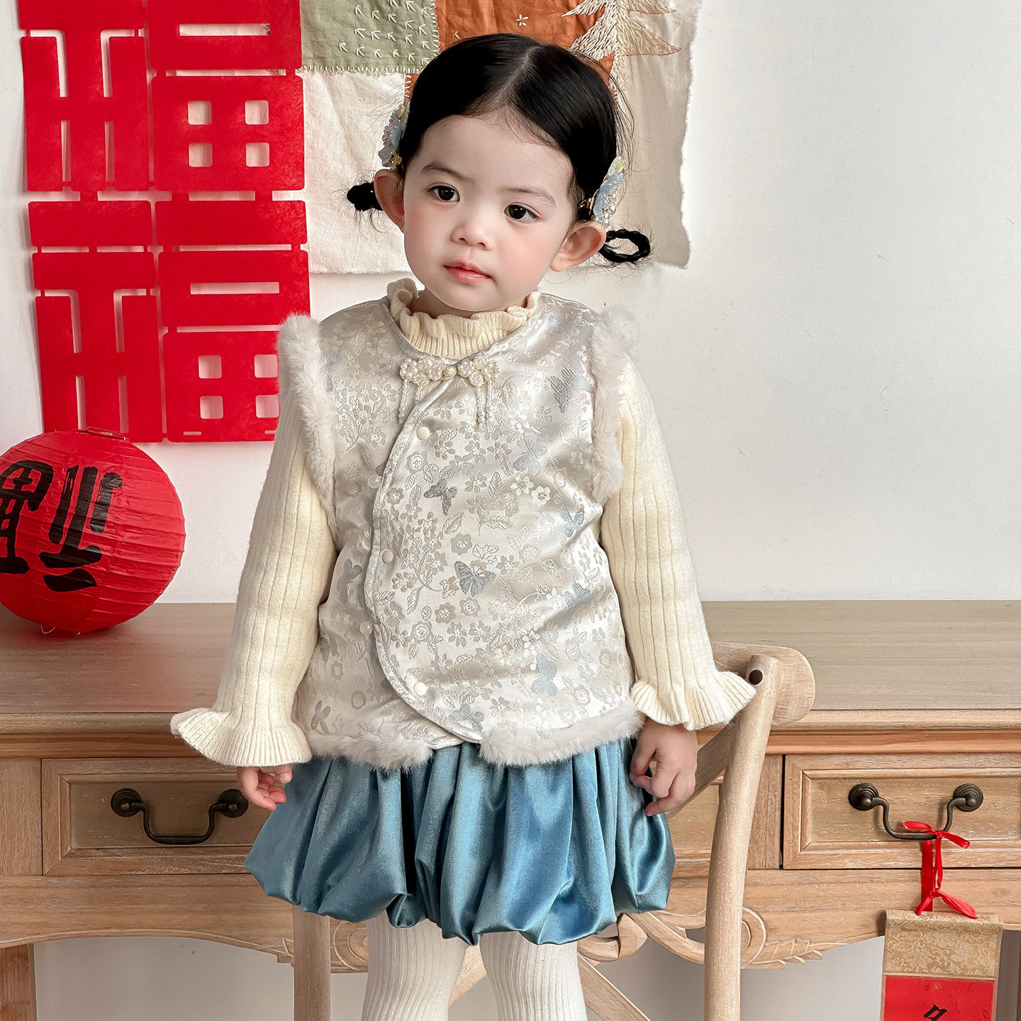 女童中国风马甲套装冬装新款儿童加绒加厚背心坎肩花苞短裙两件套