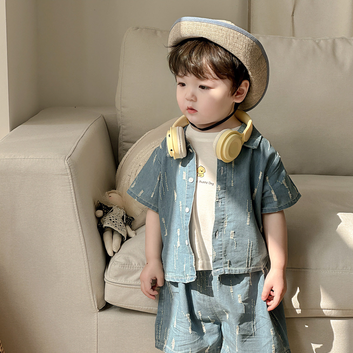 男童夏季新款柔软牛仔套装男宝宝做旧破洞衬衫洋气宽松短裤两件套