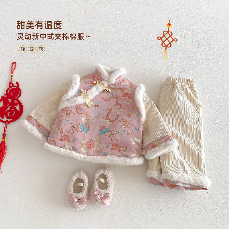 女童棉衣棉裤套装新年喜庆衣服