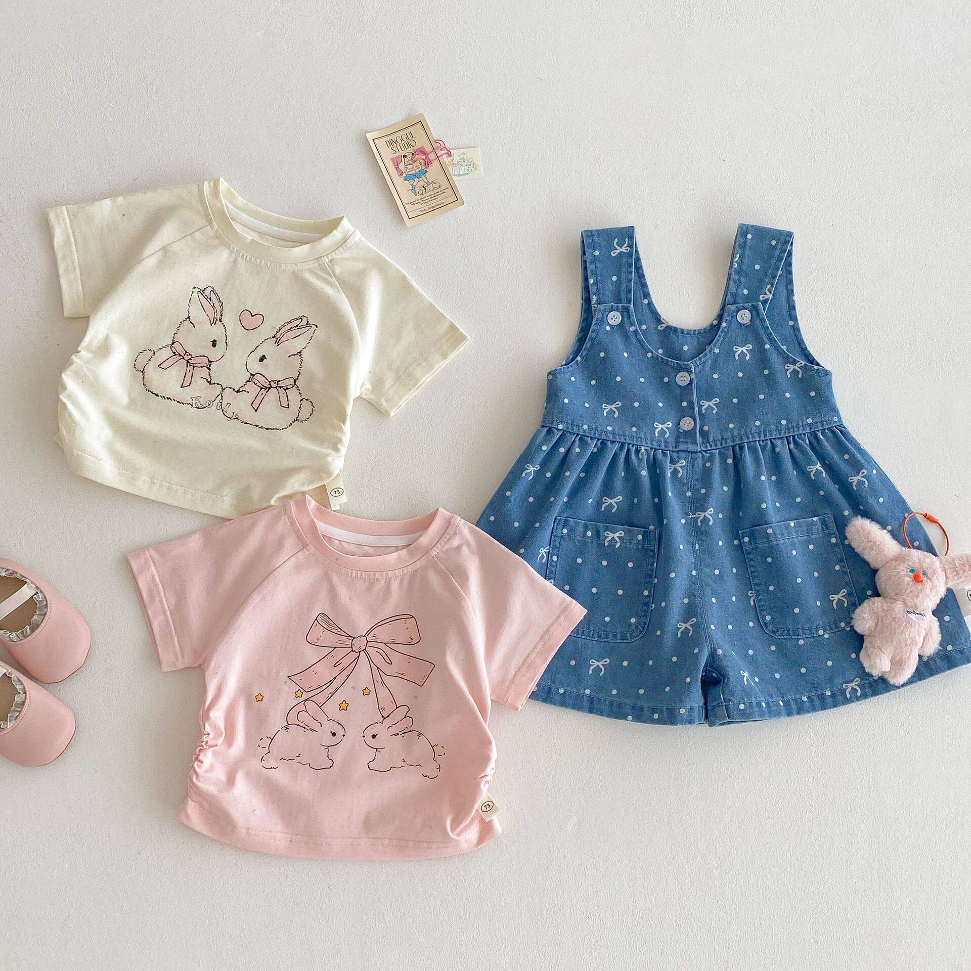 女童小兔T恤套装新款夏季宝宝卡通上衣儿童时尚牛仔背带裤两件套