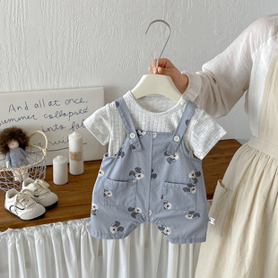 男童夏装洋气背带裤套装婴儿薄款短袖T恤卡通印花连体短裤两件套