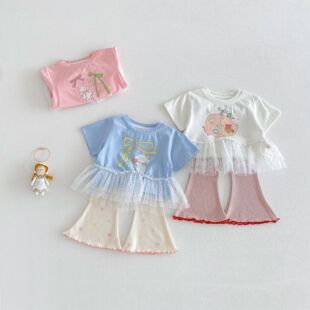 女童韩版网纱拼接T恤新款夏季宝宝卡通印花上衣儿童夏装打底衫潮