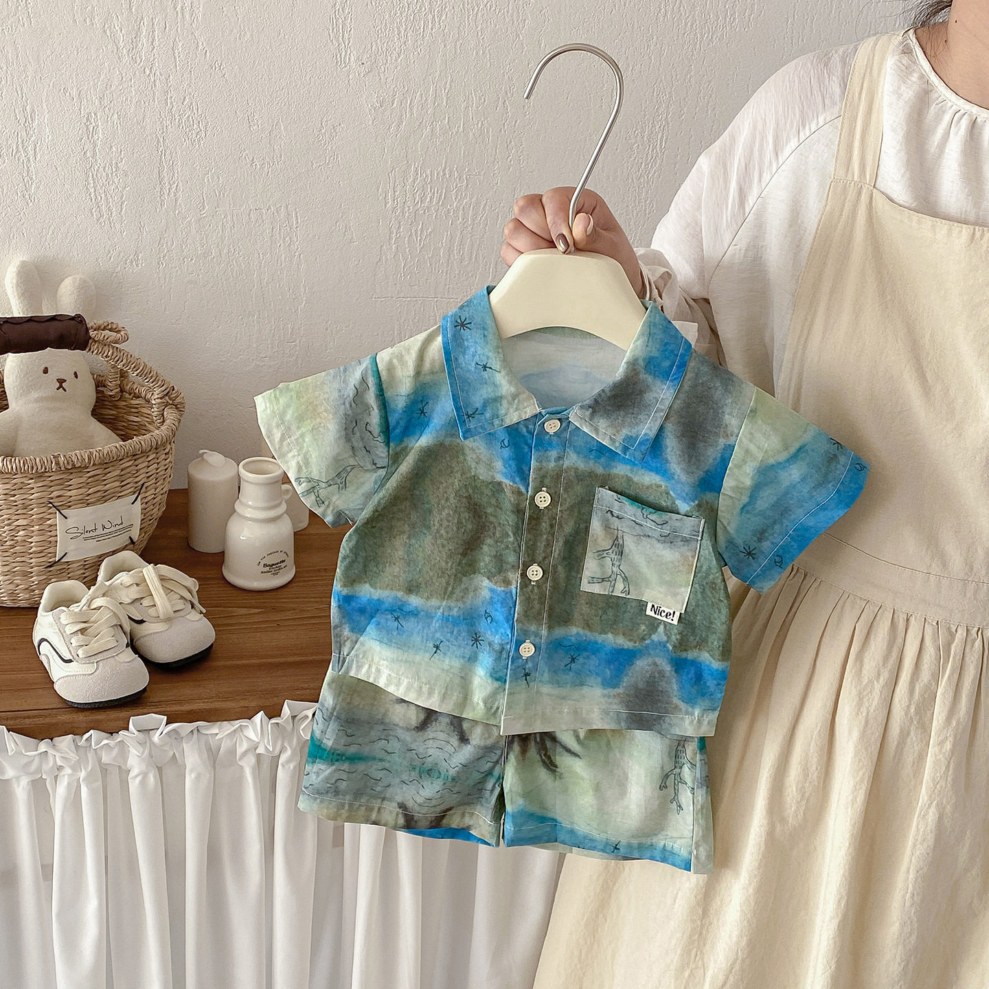 男童2026夏季新款衬衫套装宝宝沙滩风纯棉短袖上衣宽松短裤两件套