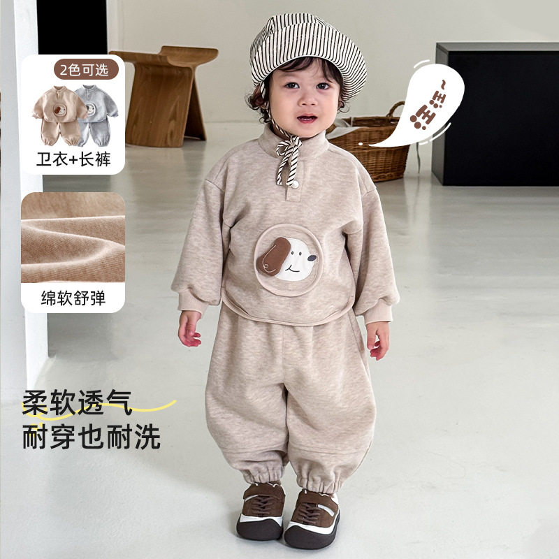 男童纯棉时尚套装春秋新款宝宝立领贴布狗狗卫衣儿童卫裤两件套