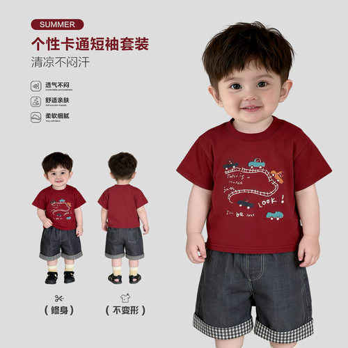 小童卡通短袖T恤牛仔短裤套装