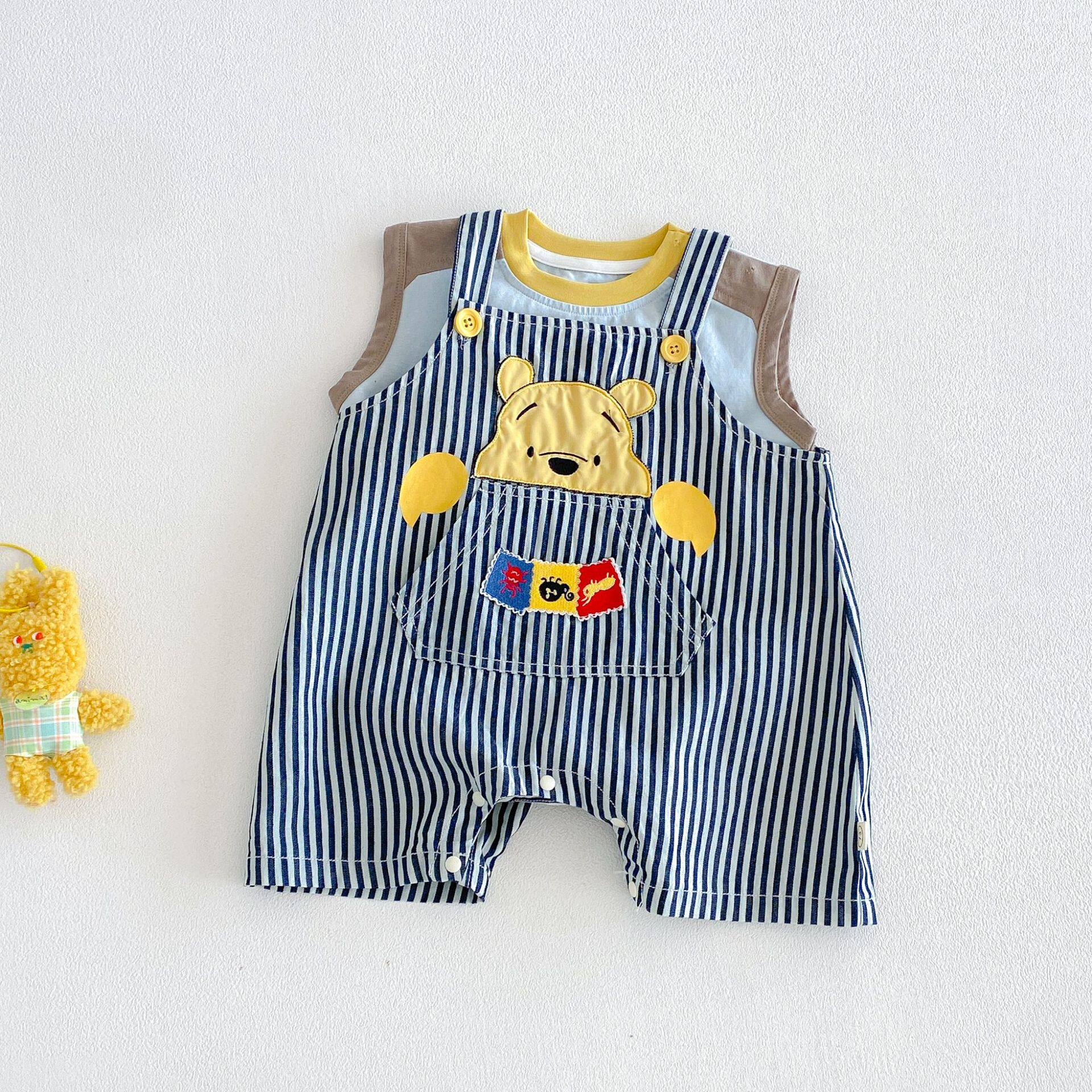 宝宝纯棉背带裤新款夏季男童卡通小熊牛仔裤儿童韩版条纹连体裤潮