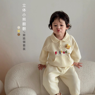 儿童卡通玩偶套装春秋新款男童韩版字母卫衣宝宝贴标卫裤两件套潮