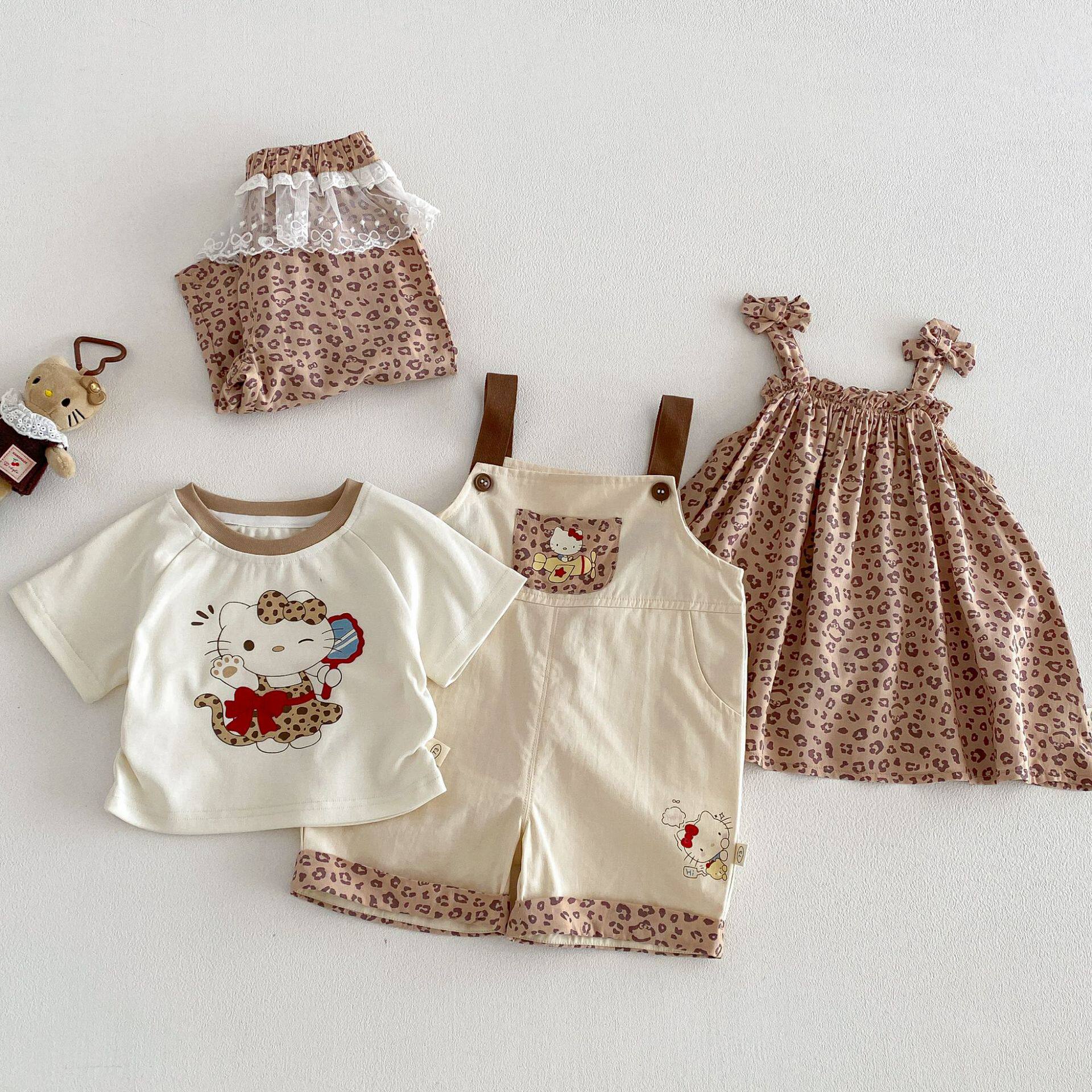 女童卡通猫咪背带裤新款夏季宝宝韩版豹纹直筒休闲裤儿童纯棉裤子