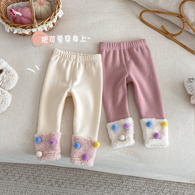 女童韩版打底裤冬装新款宝宝洋气拼接球球裤子儿童加绒加厚长裤