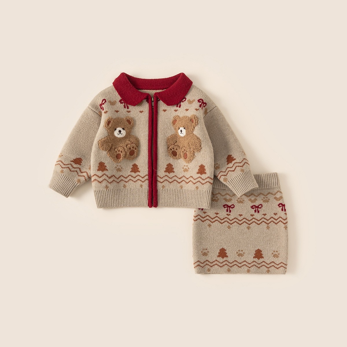 宝宝卡通小熊毛衣外套半身裙套装