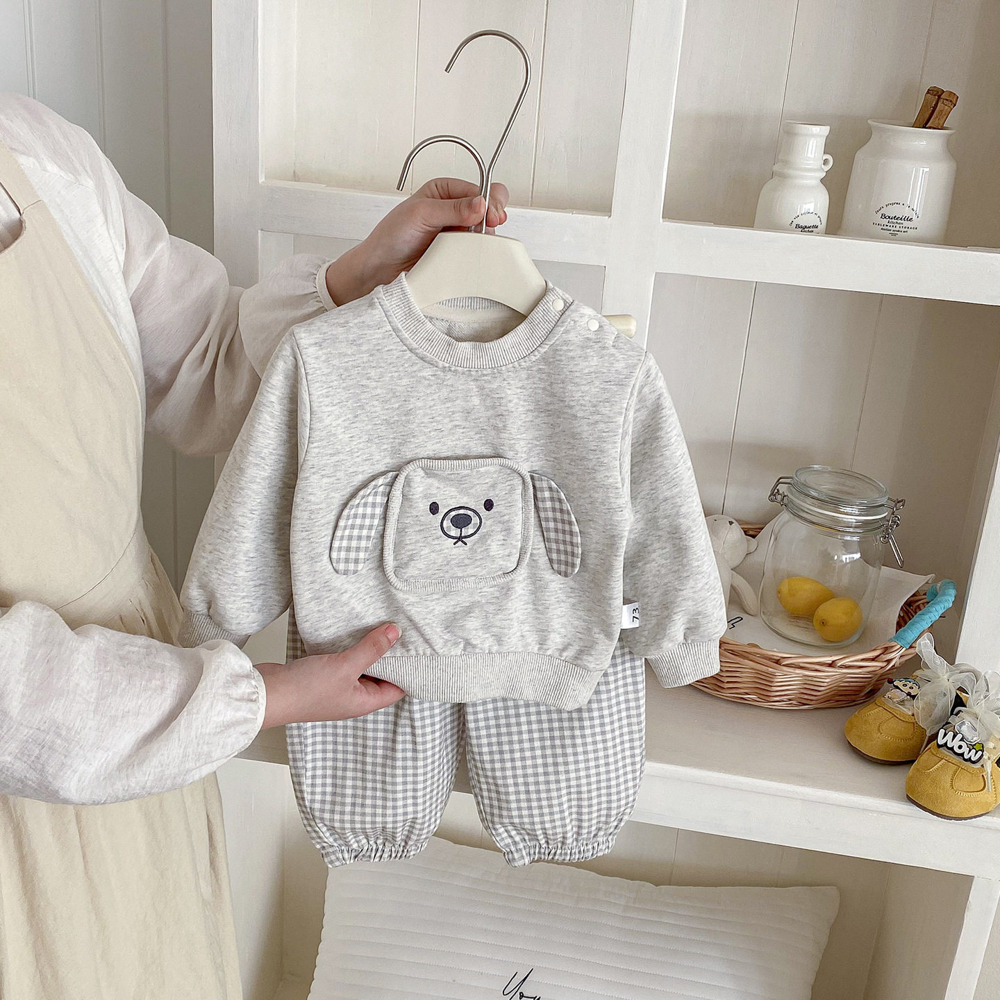 男童立体贴布卫衣套装新款洋气儿童韩版卡通上衣格子卫裤两件套潮