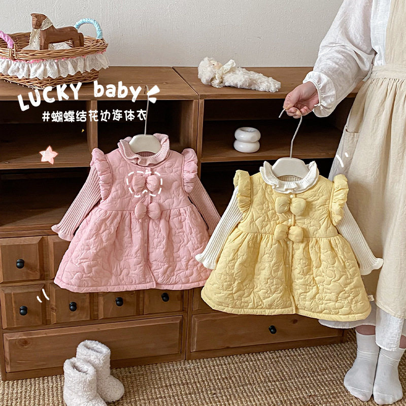 女童超萌公主裙冬季保暖新款背心裙宝宝洋气蝴蝶结加绒加厚连衣裙