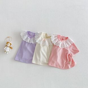 女童蕾丝娃娃领T恤宝宝韩版新款蝴蝶结罗纹打底衫儿童夏装上衣潮