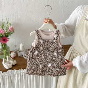 夏季新款婴儿豹纹背带裤套装宝宝休闲弹力背心上衣连体短裤两件套