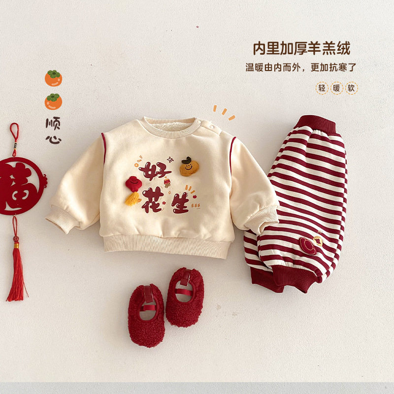 儿童羊羔绒加厚卫衣冬装新款男童立体卡通玩偶拜年服宝宝加绒上衣