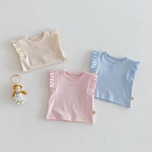 女童蝴蝶结飞袖背心新款夏季宝宝洋气韩版透气T恤儿童夏装上衣潮