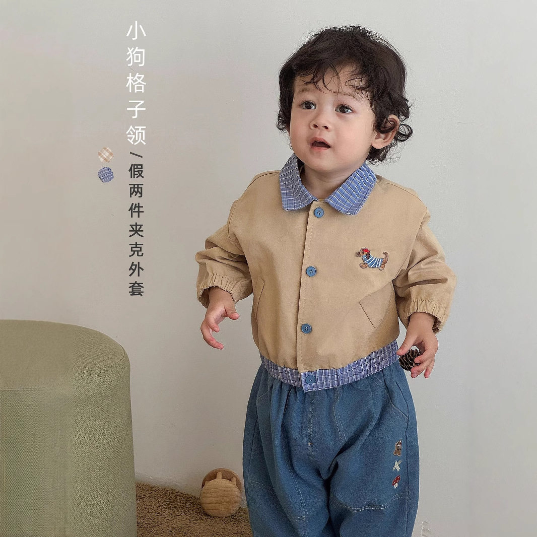 儿童纯棉卡通外套2025春秋新款开衫男童韩版格子假两件可爱棒球服