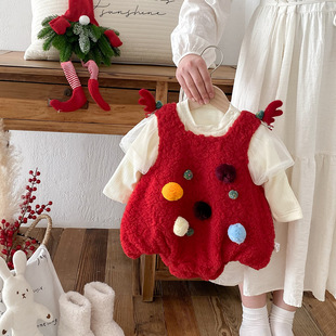 女宝宝羊羔毛连体衣婴儿冬装加绒加厚哈衣新生儿周岁礼服喜庆爬服