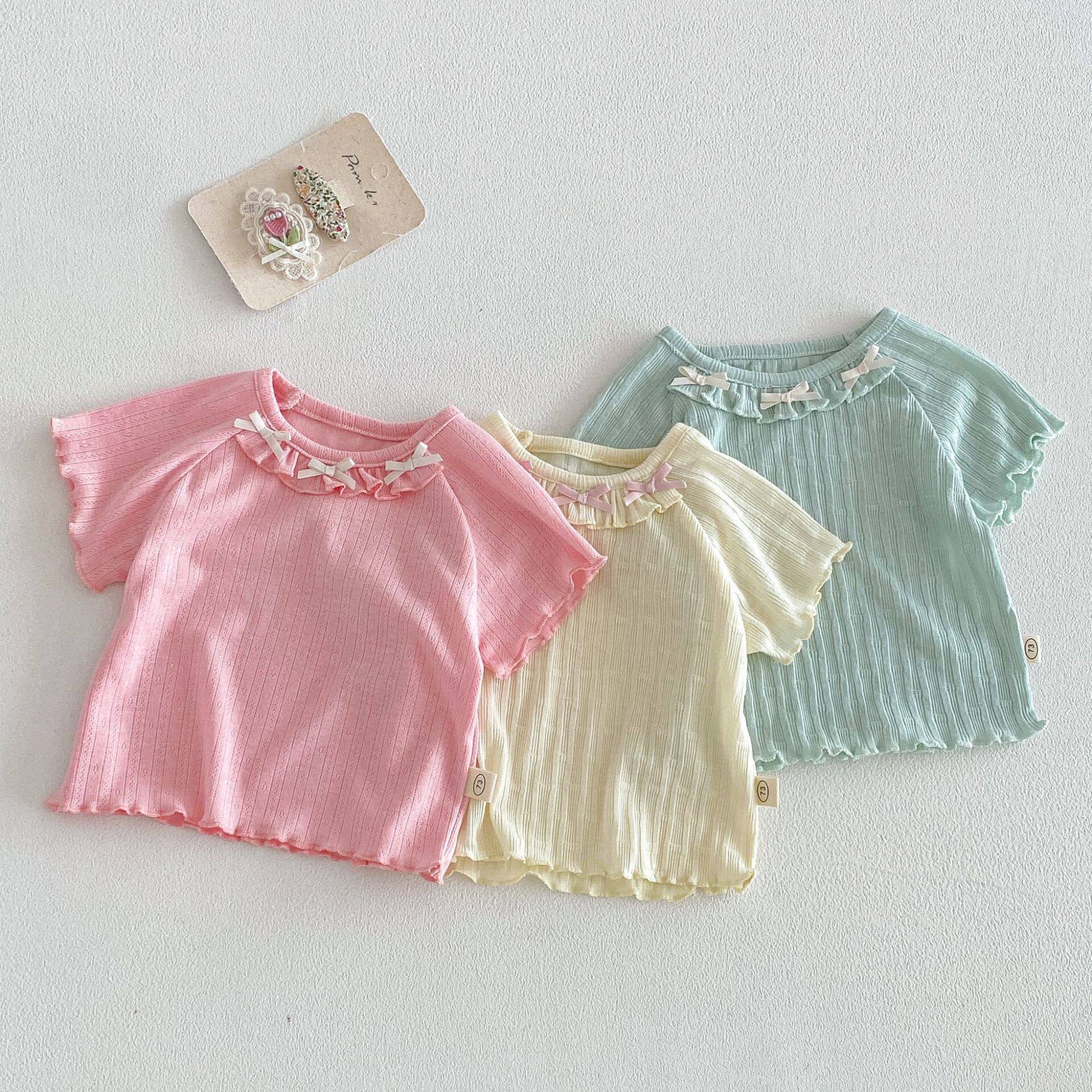 女童木耳边薄款T恤2026新款夏季宝宝韩版花边短袖儿童半袖上衣潮