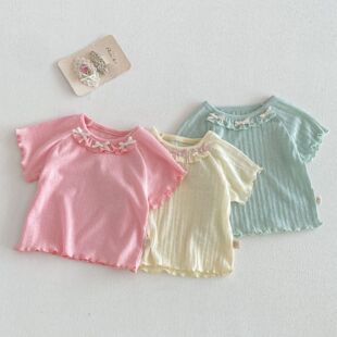 女童木耳边薄款T恤2026新款夏季宝宝韩版花边短袖儿童半袖上衣潮