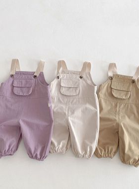 宝宝纯棉背带裤2025春秋新款宽松长裤男童洋气工装裤女童紫色裤子
