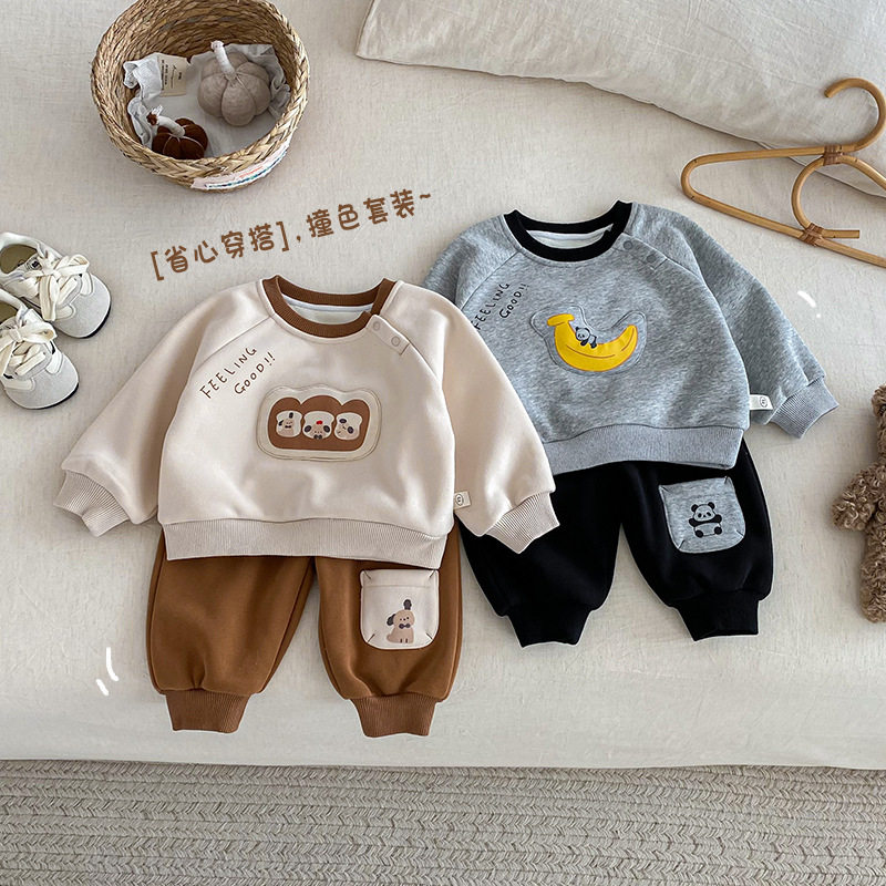 儿童卡通贴布套装秋冬新款韩版男童加绒卫衣加厚卫裤保暖两件套潮