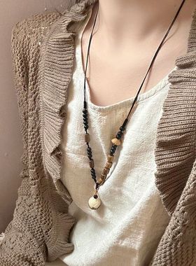 新中式松子木珠吊坠项链民族风