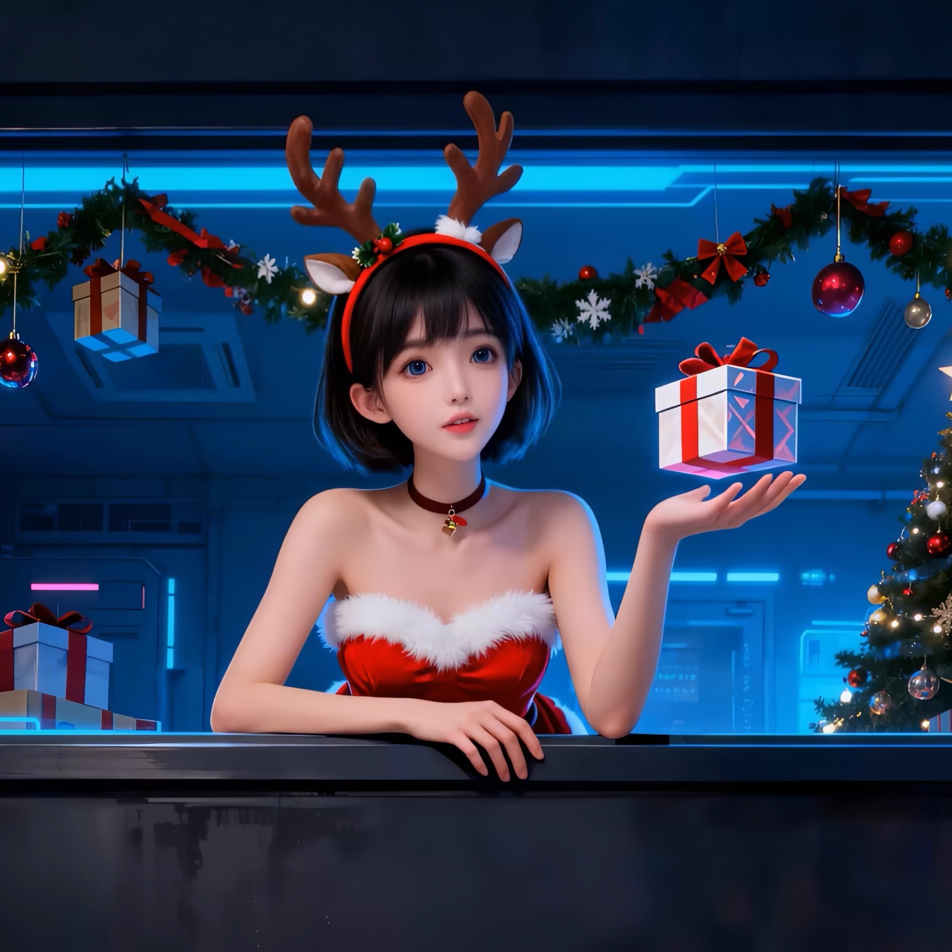 户外仰视圣诞节美女裸眼3d全屏虚拟偶像互动