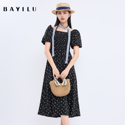 芭依璐BAYILU 2025夏季新款连衣裙一字肩两穿碎花高级感A字长裙