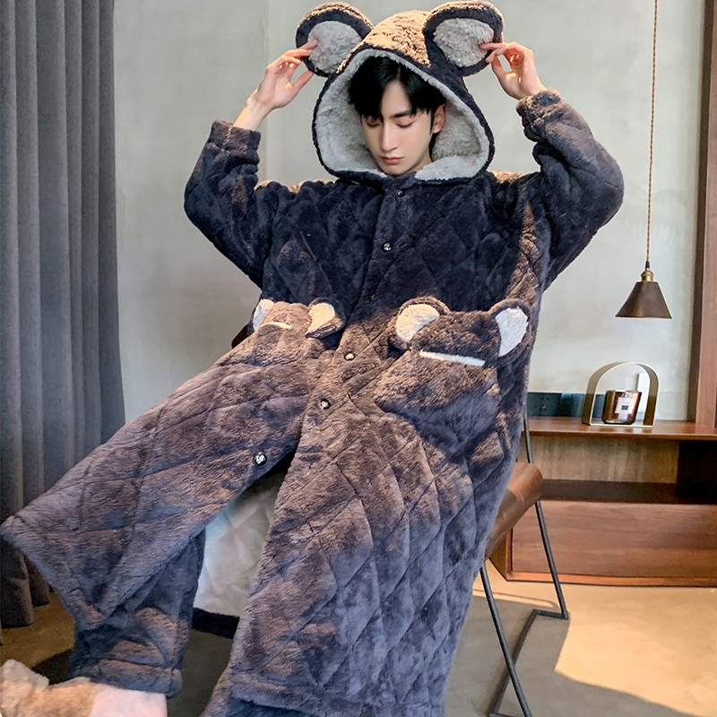年新款睡衣男士珊瑚绒秋冬季冬天睡袍家居服三层夹棉加绒加厚