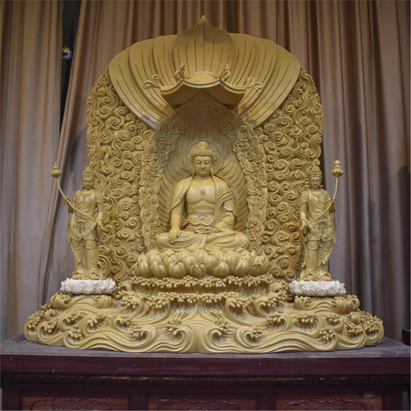 东方三圣木雕人物日月光菩萨 观音 药师佛像 摆件琉璃佛 阿弥陀佛