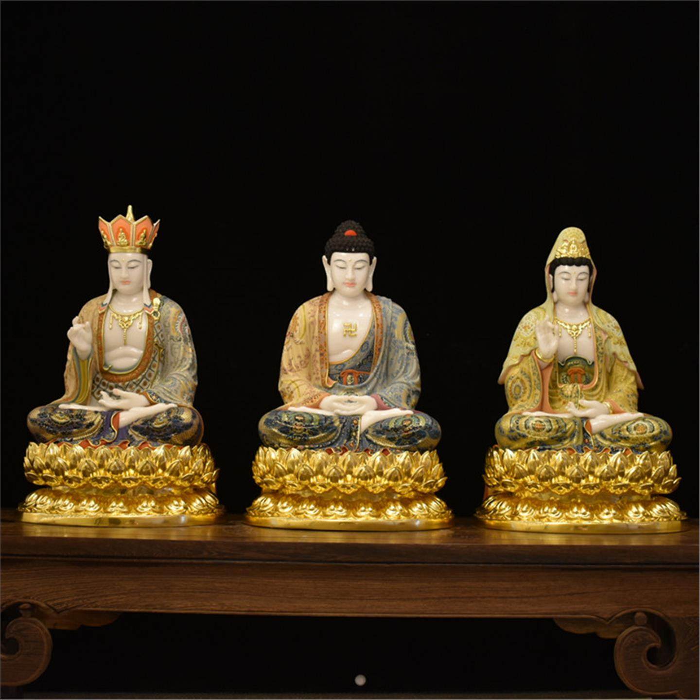 彩绘汉白玉娑婆三圣居家供奉摆件佛像观音菩萨地藏王释迦牟尼佛