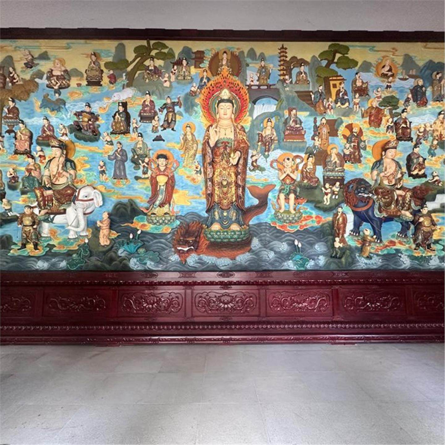 海岛观音浮雕彩绘三圣佛像树脂生漆脱胎童子拜观世音菩萨五十三参