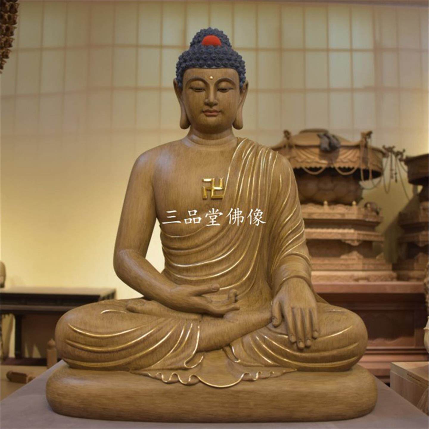 木雕释迦牟尼佛像三宝佛描金娑婆三圣摆件阿弥陀佛药师家用供佛