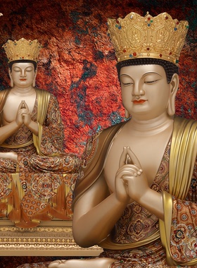 东来紫释迦牟尼佛铜华严三圣宝相文殊普贤菩萨家用京铜摆件