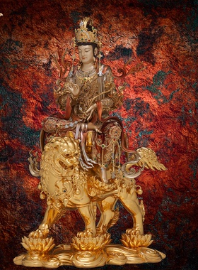 东来紫文殊铜华严三圣宝相释迦牟尼佛普贤菩萨家用京铜摆件