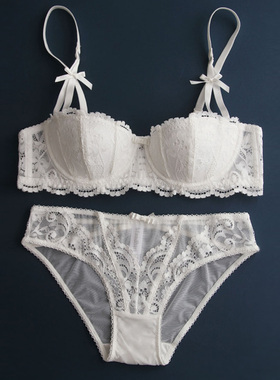 超薄性感黑色本命红色蕾丝小胸半杯薄款文胸套装女士内衣大码透明