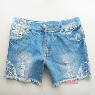 热裤 砂洗破洞 蕾丝 夏季 牛仔裤 短裤 特价 毛边扣子生锈清仓 牛仔
