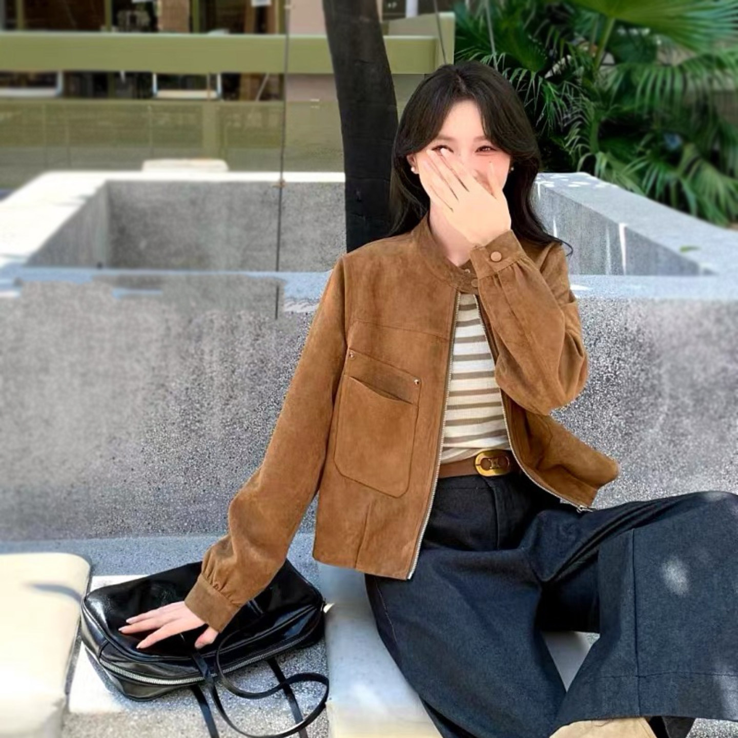 短款外套女早春2026年春季新品时尚减龄夹克立领鹿皮绒新款小外套