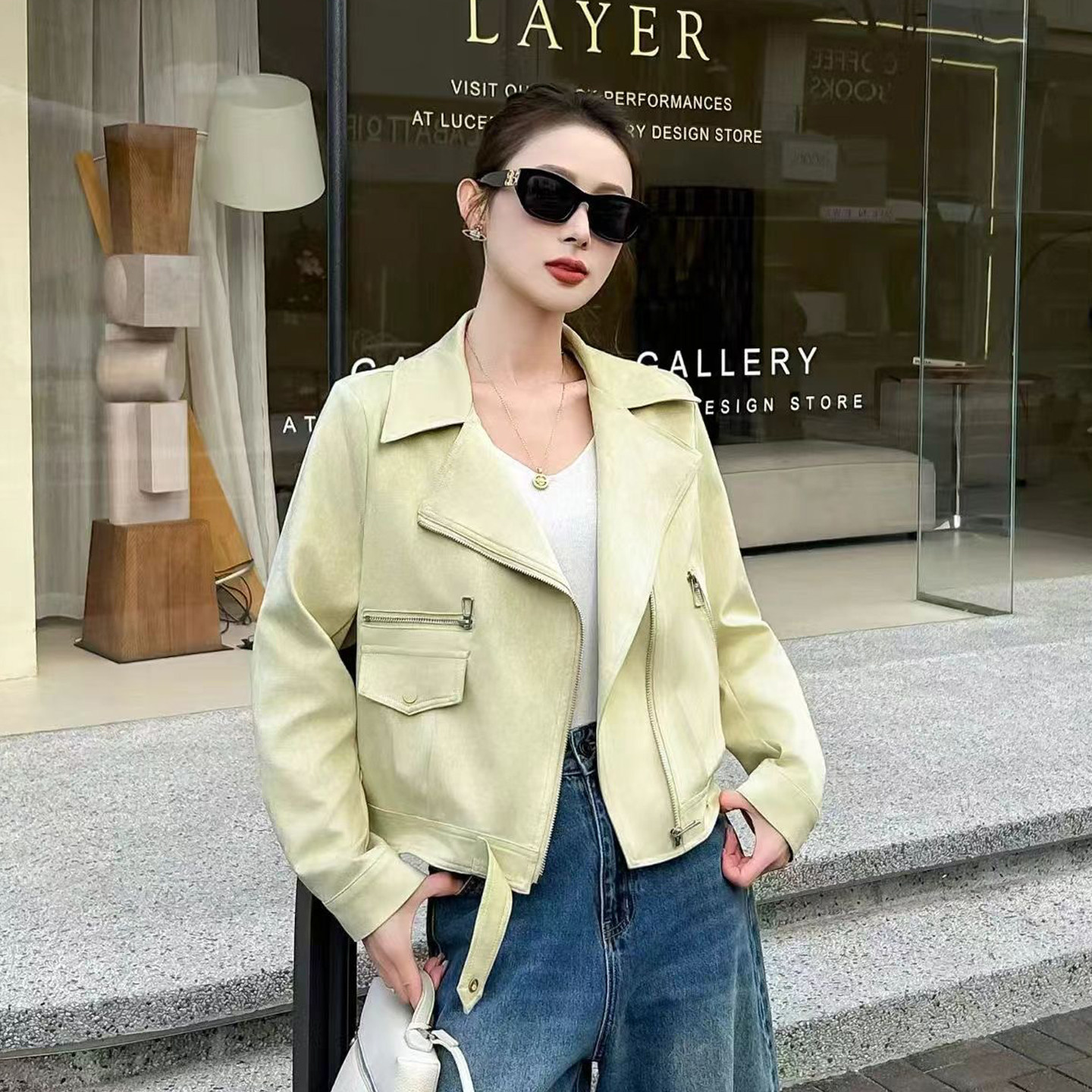 女士夹克外套2026春季新品时尚气质减龄夹克翻领鹿皮绒短款小外套