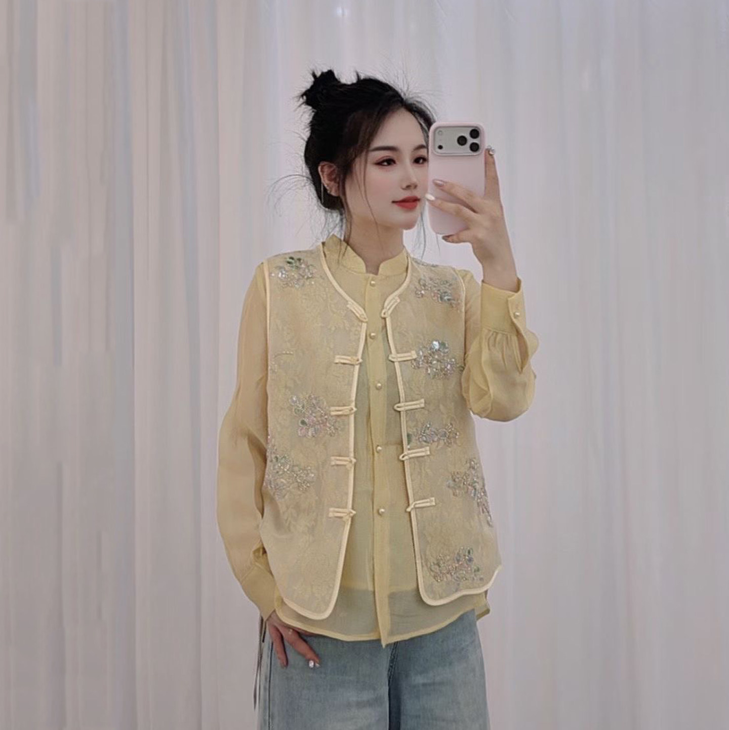 新中式国风马甲套装轻国风马夹春刺绣钉珠唐装背心无袖坎肩两件套