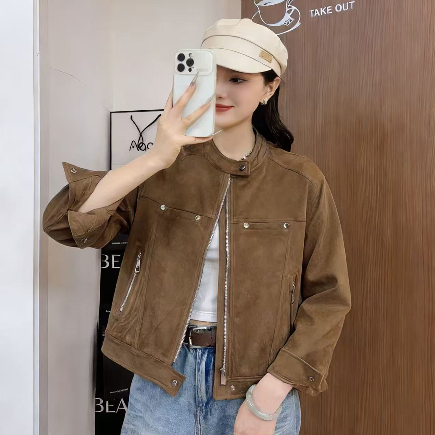 外套女早春穿搭2026年春季新品时尚短款夹克立领鹿皮绒新款小外套