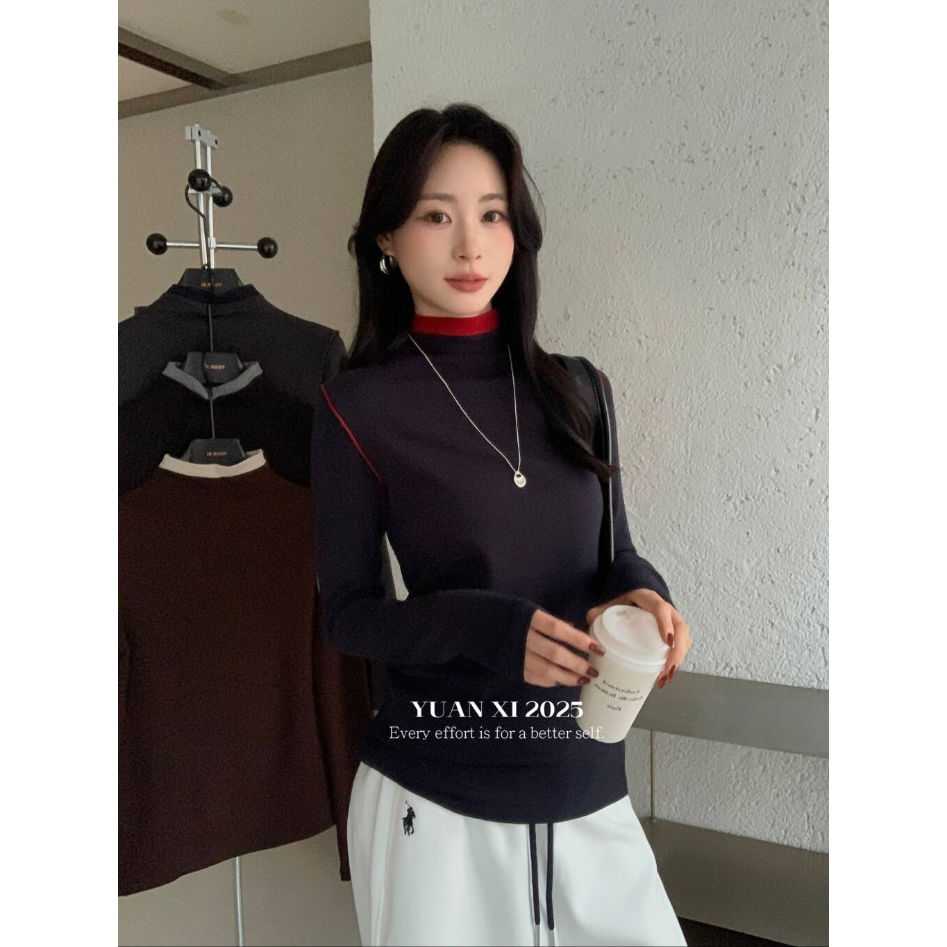 元熙-巨火撞色拼接加绒加厚半高领打底衫YS6-3099