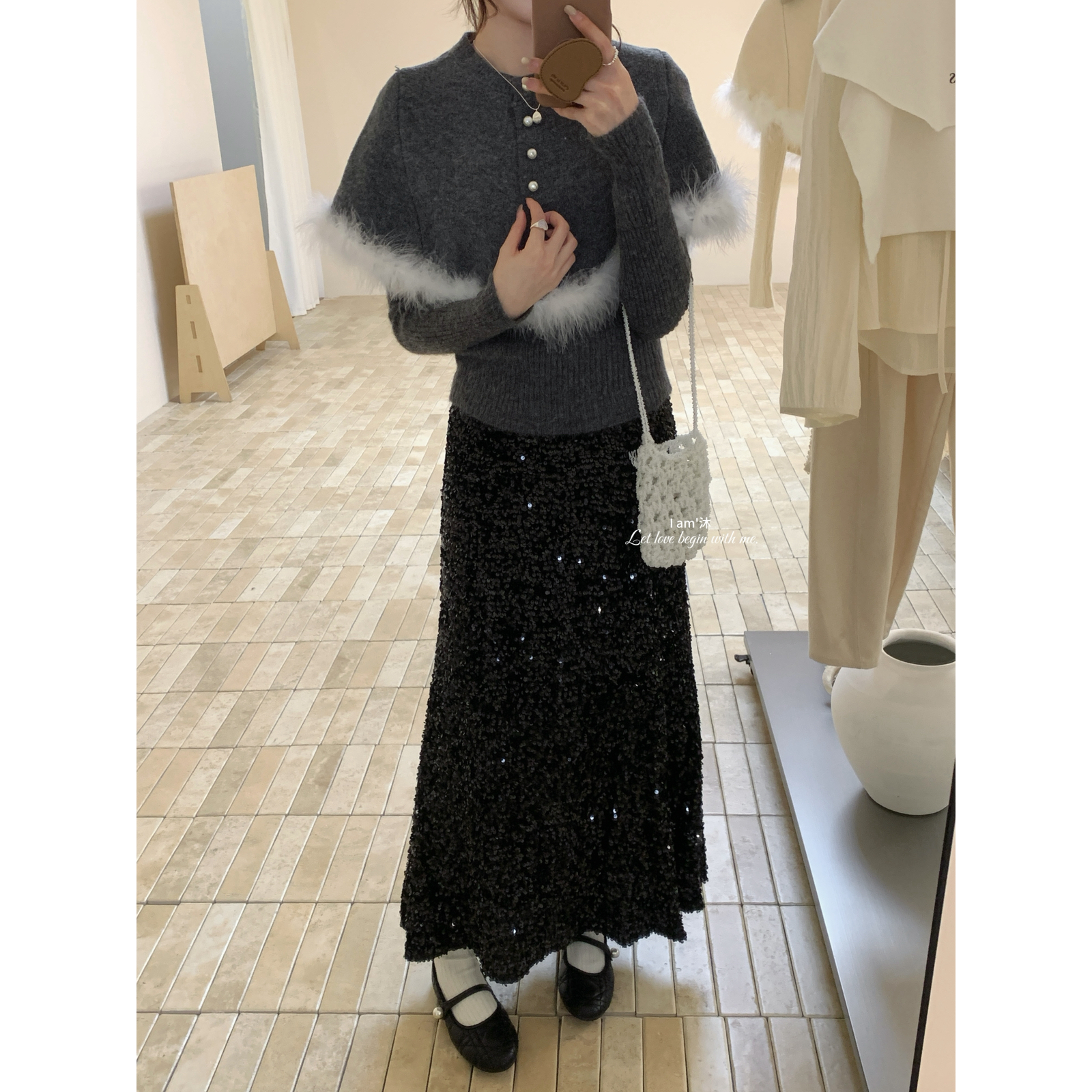 IAM沐-气质小女人贵气鱼尾重工全衣亮片松紧腰A字长款半身裙2810