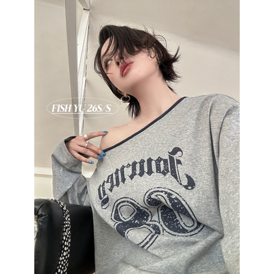 FISH YU -新美式复古撞色字母68印花休闲斜肩宽松长袖T恤626090