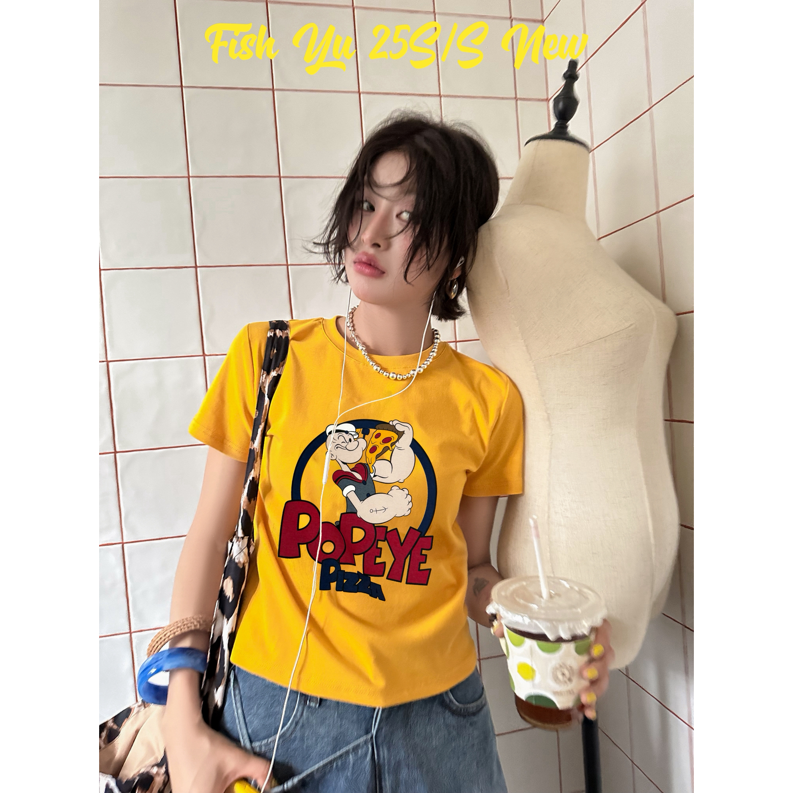FISH YU -力水手披萨字母印花高弹力正肩小版短袖T短袖T恤25395