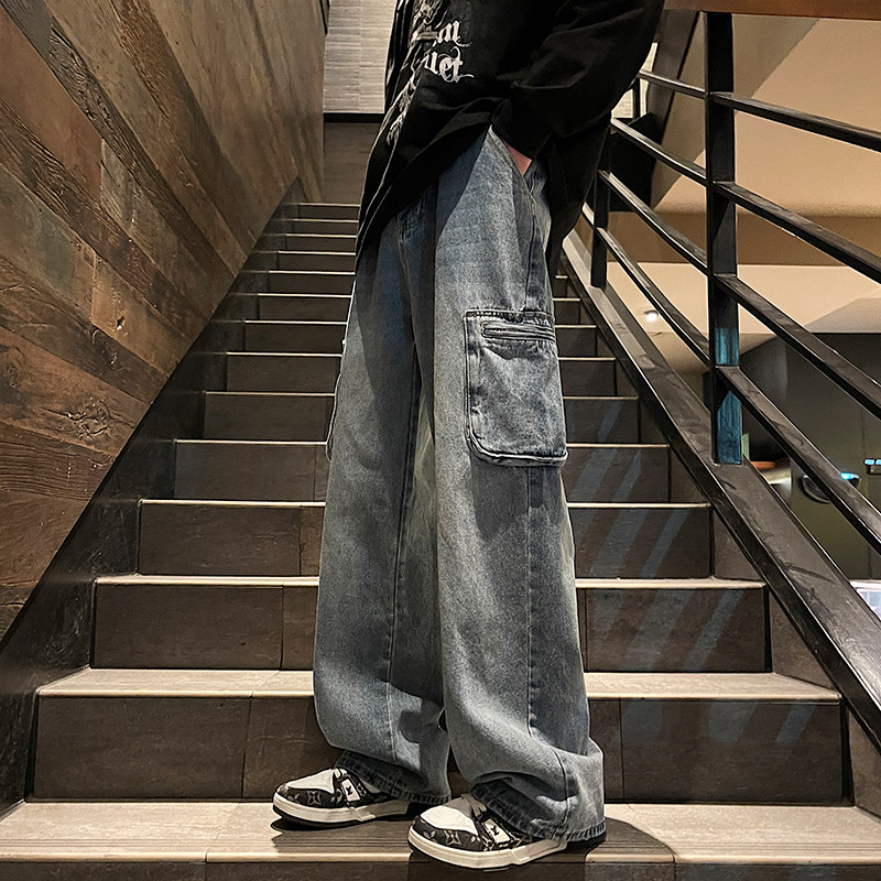 春季新品潮流港风工装宽松直筒牛仔长裤XZ405-1-K13-P70控108,男装牛仔裤,星座405-1